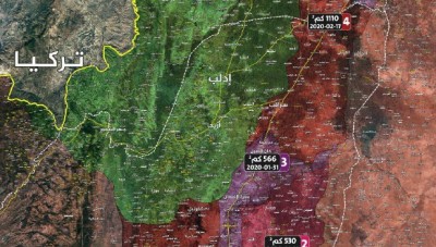 خريطة: مساحة الأراضي المسيطر عليها من قبل النظام خلال حملاته الأخيرة شمال غرب سوريا