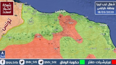 خريطة: توزع السيطرة في منطقة طرابلس شمال غرب ليبيا بعد سيطرة &#34;الوفاق&#34; على قاعدة الوطية