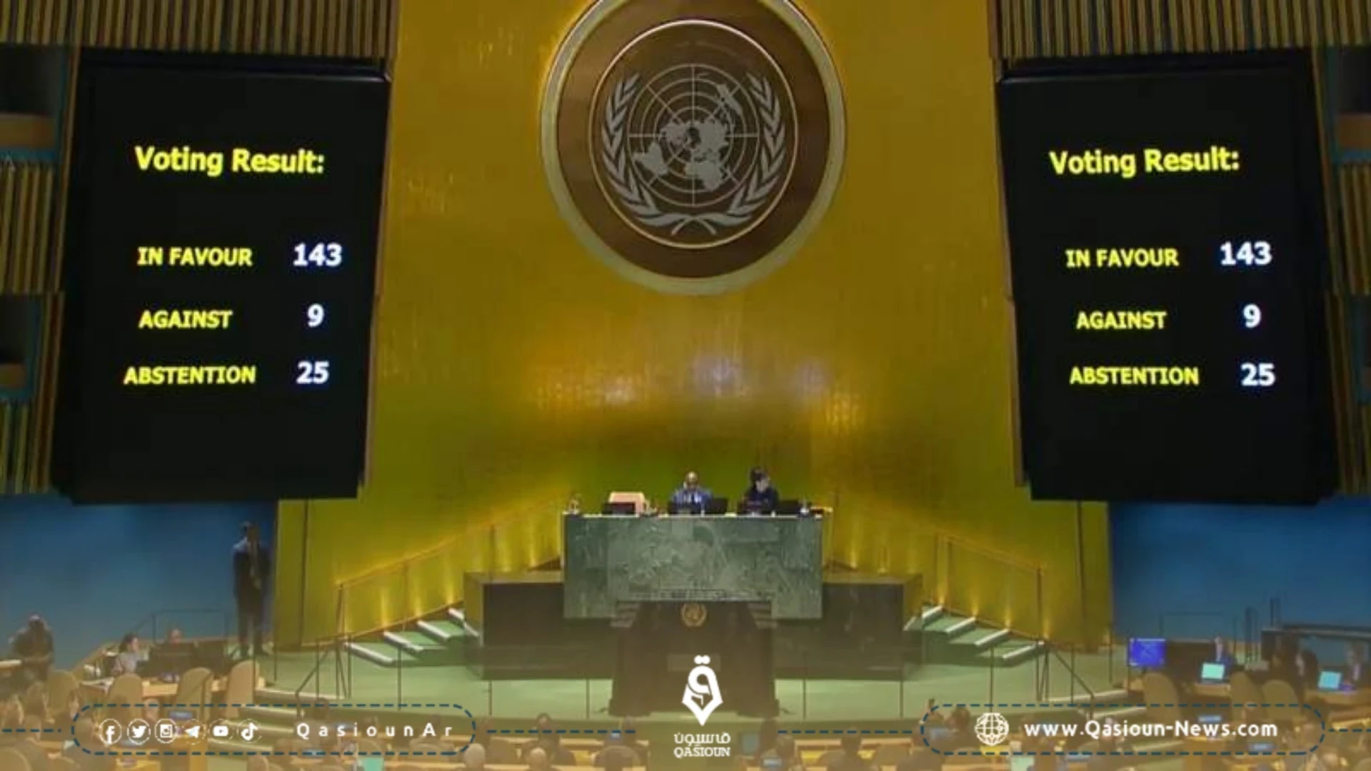 الأمم المتحدة تتبنى قراراً يدعم طلب العضوية الكاملة لفلسطين بأغلبية كبيرة